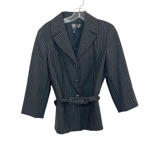 NEW Worth Black White Pin Striped Belted Blazer Jacket Y2K Business Career Sz 12 - Picture 1 of 7